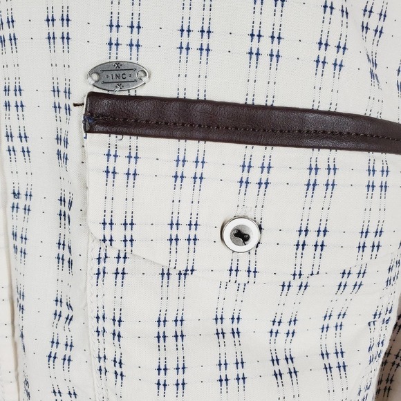 INC Style Oatmeal Faux Leather Trim Button-up Top - Picture 4 of 12